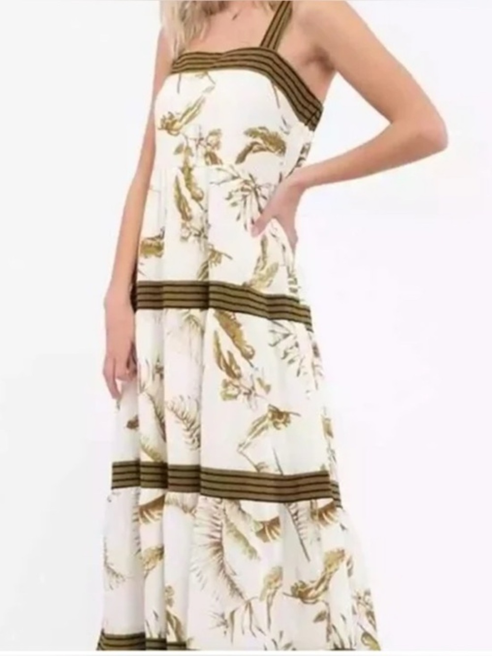 By the River Paradise Awaits Tiered Midi Dress Summer Boho Green Cream Leaf Sz M